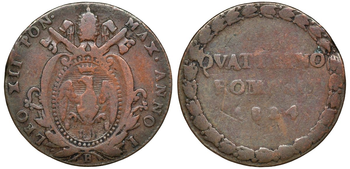 Италия, папская область 1 кватрино 1824 B, Лев XII KM 1294.1 медь 00-00
