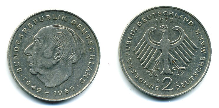ФРГ 2 МАРКИ 1979 D, ТЕОДОР ХОЙС KM 127, J. 407 медно-никель плакированный никелем плакированный никелем 25-1911