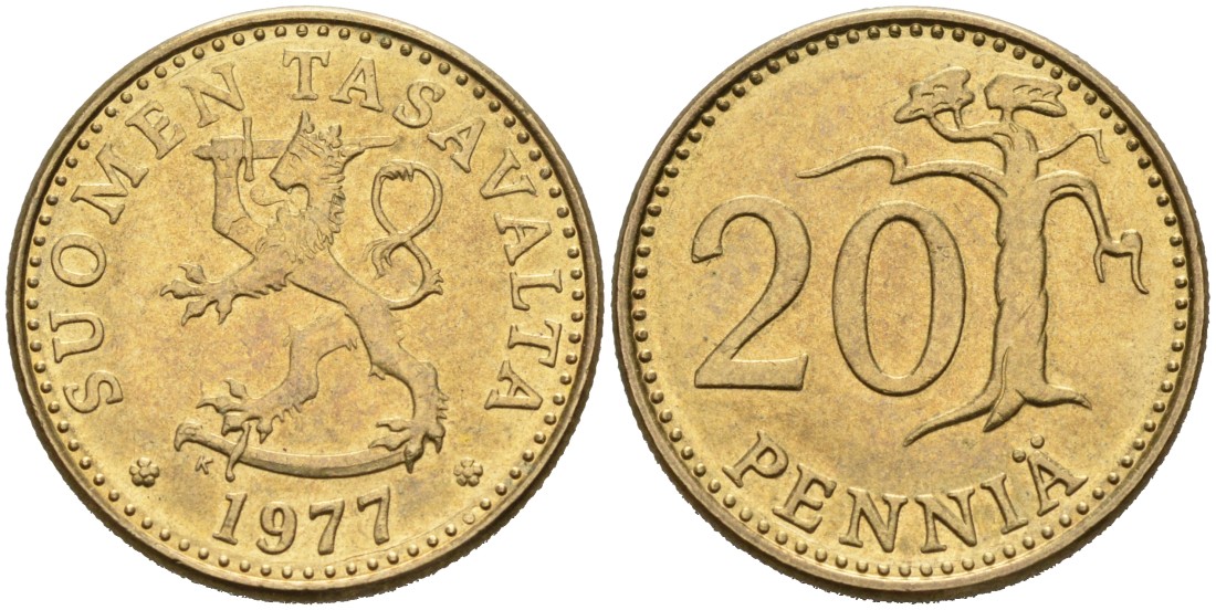 ФИНЛЯНДИЯ 20 ПЕННИ 1977 K KM 47 алюминиевая бронза 4563-324