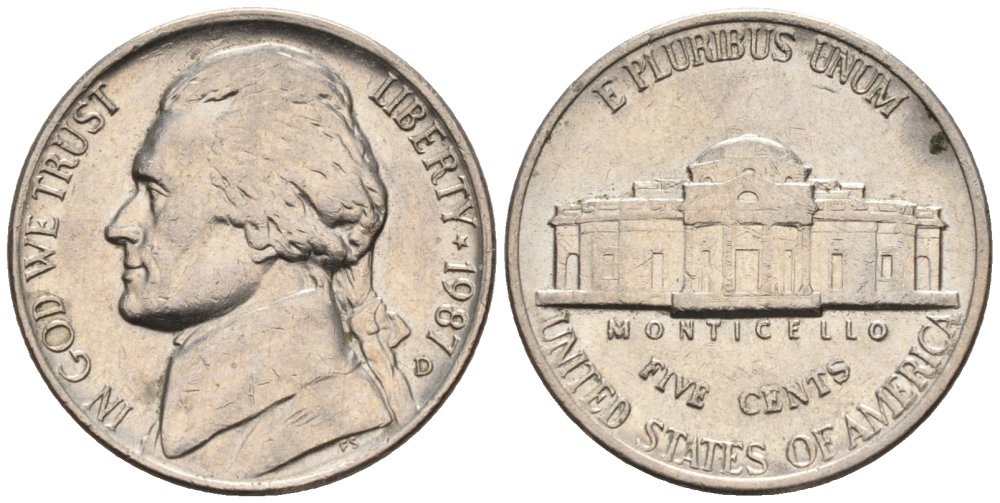 США 5 центов 1987 D, Джефферсон KM А192 медно-никель 4577-435