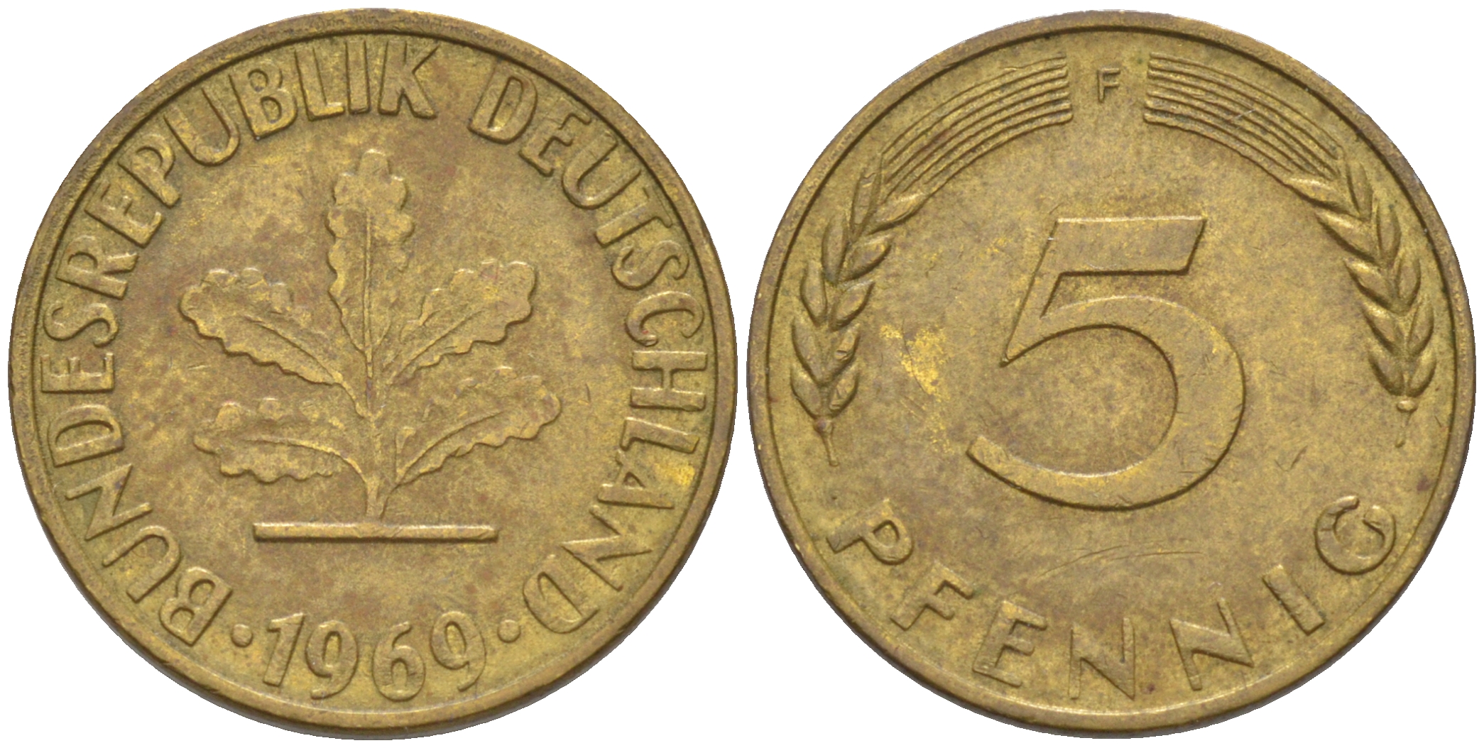 ФРГ 5 пфеннигов 1969 F KM 107, J. 382 сталь плакированная латунью 4514-523