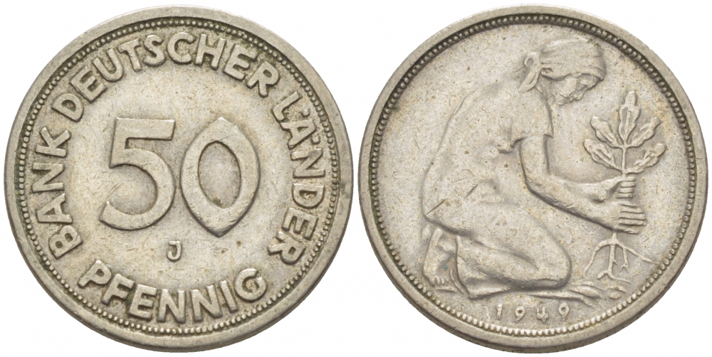 ФРГ 50 пфеннигов 1949 J KM 104, J. 379 медно-никель 112-948