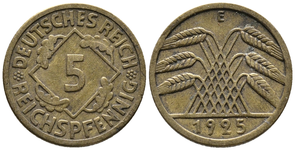 ГЕРМАНИЯ 5 РЕЙХСПФЕННИГОВ 1925 E KM 39, J. 316 алюминиевая бронза 39-555