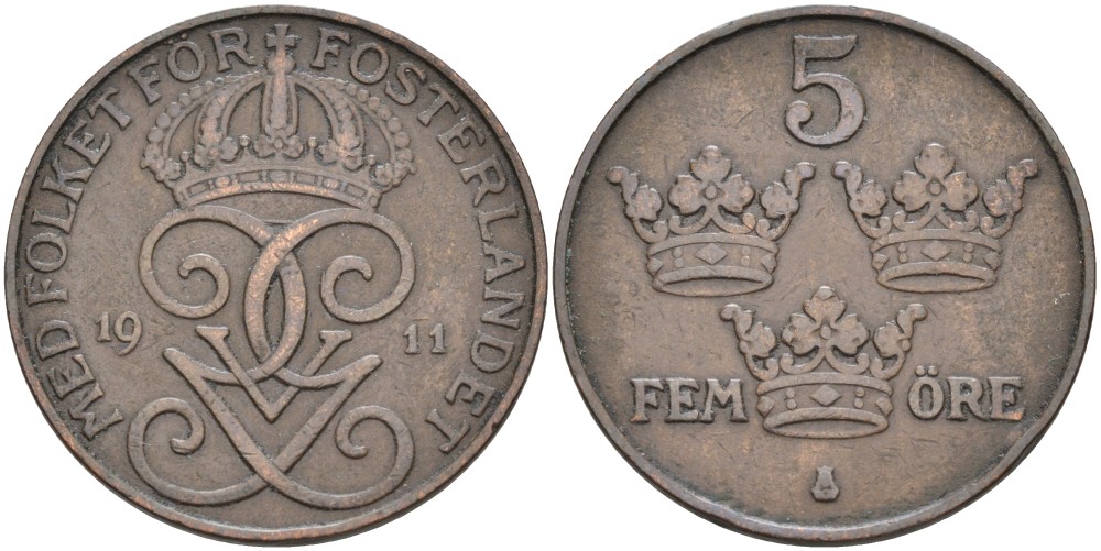 Швеция 5 эре 1911 Густав V (1907-1950) KM 779.2 бронза 4557-541