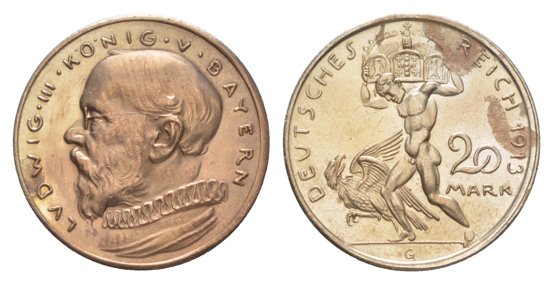 Бавария 20 марок 1913 проба, Людвиг III (1913-1918) KM M5 серебро плакированная медью 1526-1035