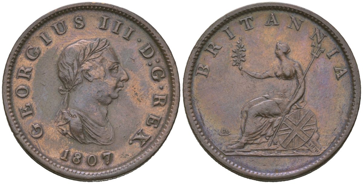 Великобритания 1/2 пенни 1807 Георг III (1760-1820) KM 662, Spink 3781 медь 4590-816