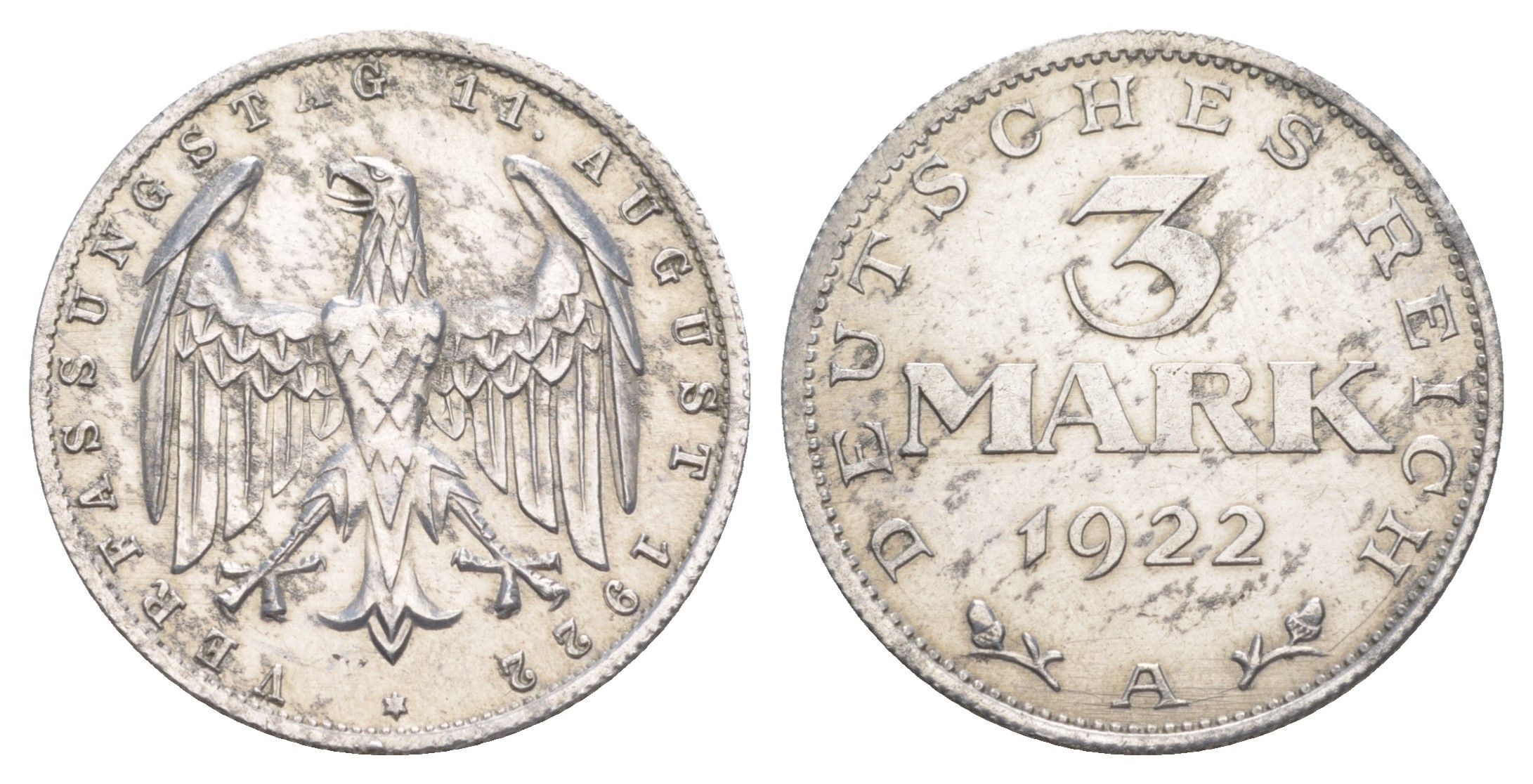 Германия 3 марки 1922 A, 3-я годовщина Веймарской конституции KM 29, J. 303 алюминий aUNC 4637-156