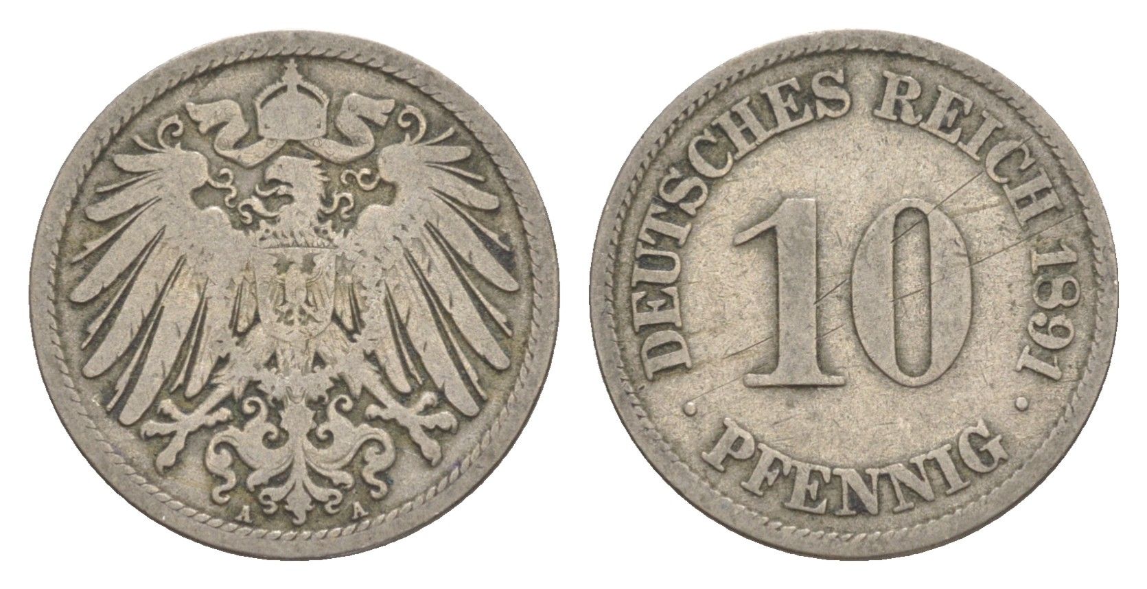Германия 10 пфеннигов 1891 A, Вильгельм II (1888-1918) KM 12, J. 13 медно-никель 4640-226