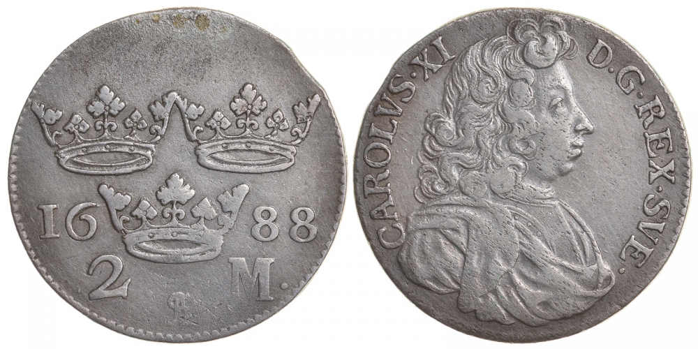 Швеция 2 марки 1688 Карл XI (1660-1697) KM 282.1 серебро 00-804-72
