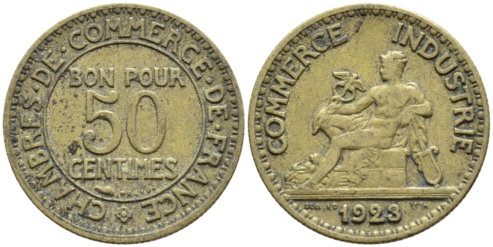 ФРАНЦИЯ 50 САНТИМОВ 1923 CHAMBRES DE COMMERCE KM 834, LE FRANC 191.6 алюминиевая бронза 4392-626