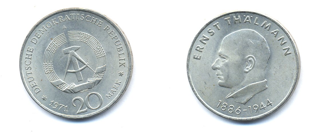 ГДР 20 марок 1971 A, 85 лет со дня рождения Эрнста Тельмана KM 34, J. 1535 медно-никель 3333-513