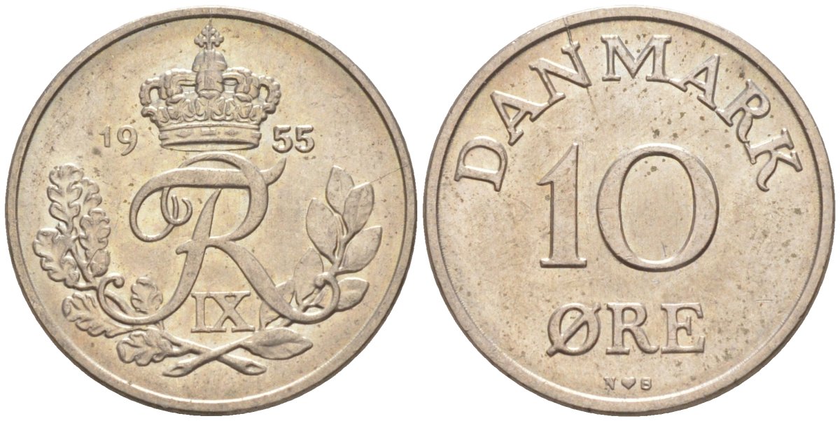 Дания 10 эре 1955 N; S, Фредерик IX (1947-1972) KM 841.1 медно-никель 187-469