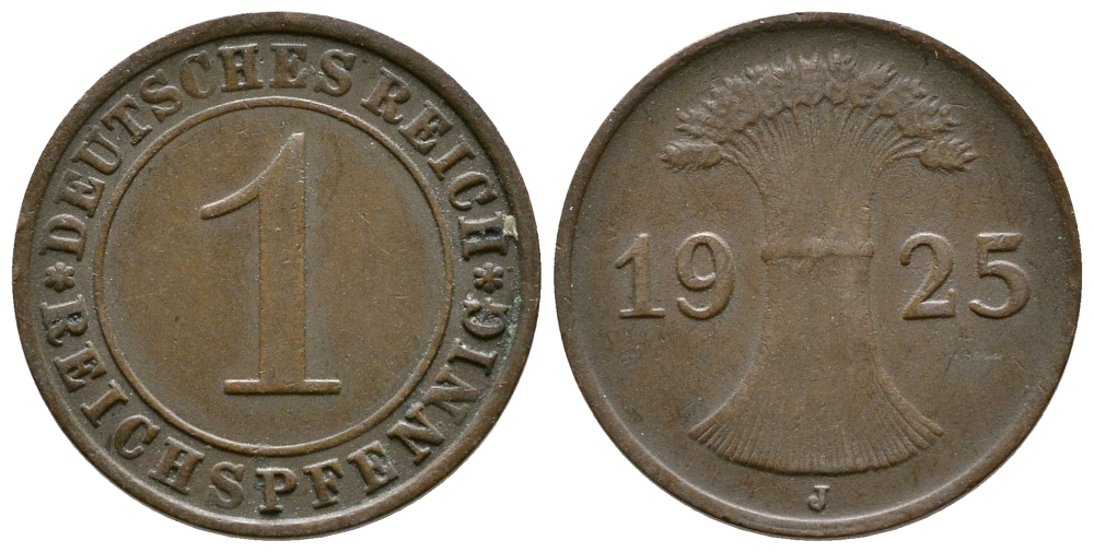 ГЕРМАНИЯ 1 РЕЙХСПФЕННИГ 1925 J KM 37, J. 313 бронза 4380-1139