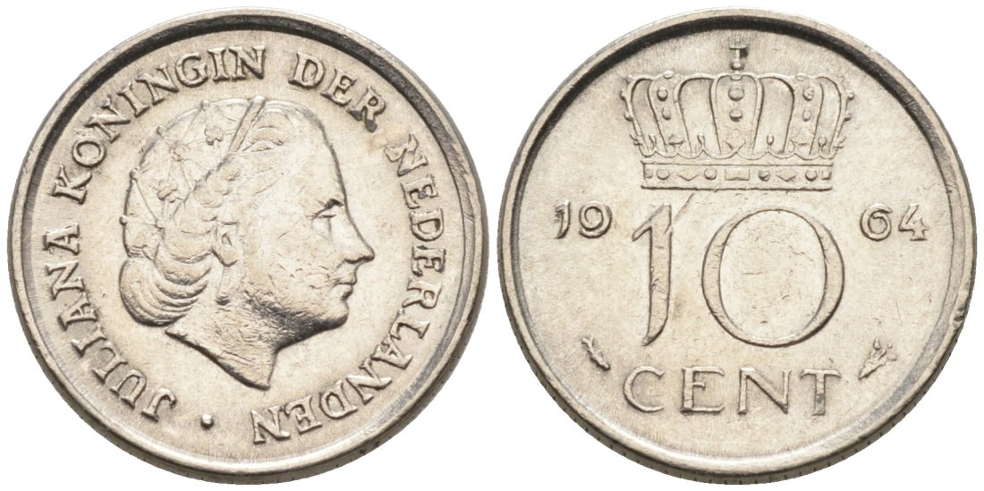 Нидерланды 10 центов 1964 Юлиана (1949-1980) КМ 182 никель 4567-554