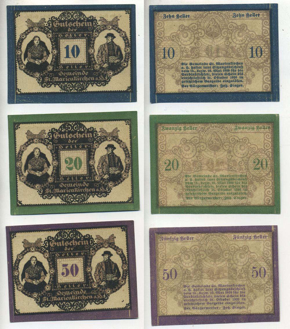Австрия набор из 3 банкнот 1920 23 мая 1920-31 октября 1920, нотгельд, 10, 20, 50 геллеров, ST. MARIENKIRCHEN an der HAFTEZ   бумага  aUNC  7555-2-3-2