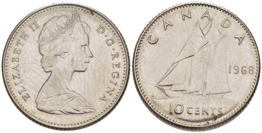 КАНАДА 10 ЦЕНТОВ 1968 ЕЛИЗАВЕТА II, ПАРУСНИК KM 73 никель 66-347