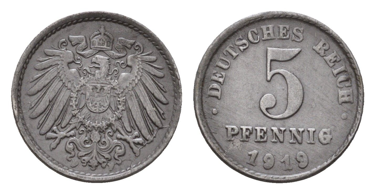 Германия 5 пфеннигов 1919 F KM 19, J. 297 железо плакированная цинком 4636-341