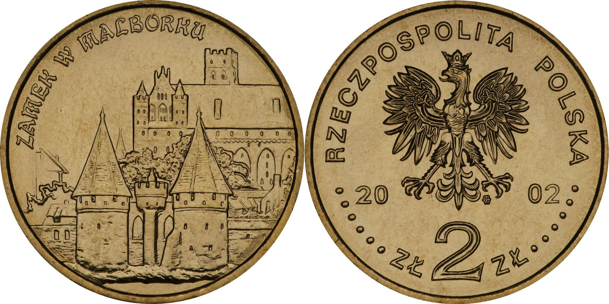 Польша 2 злотых 2002 MW, замок Тевтонского ордена в Мальборке KM 443 нордик UNC 4526-1211
