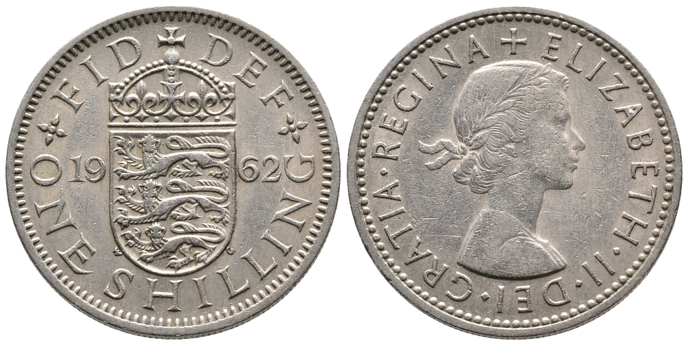 Великобритания 1 шиллинг 1962 Елизавета II (1952-2022), Английский герб KM 904, Spink 4147 медно-никель 86-1043