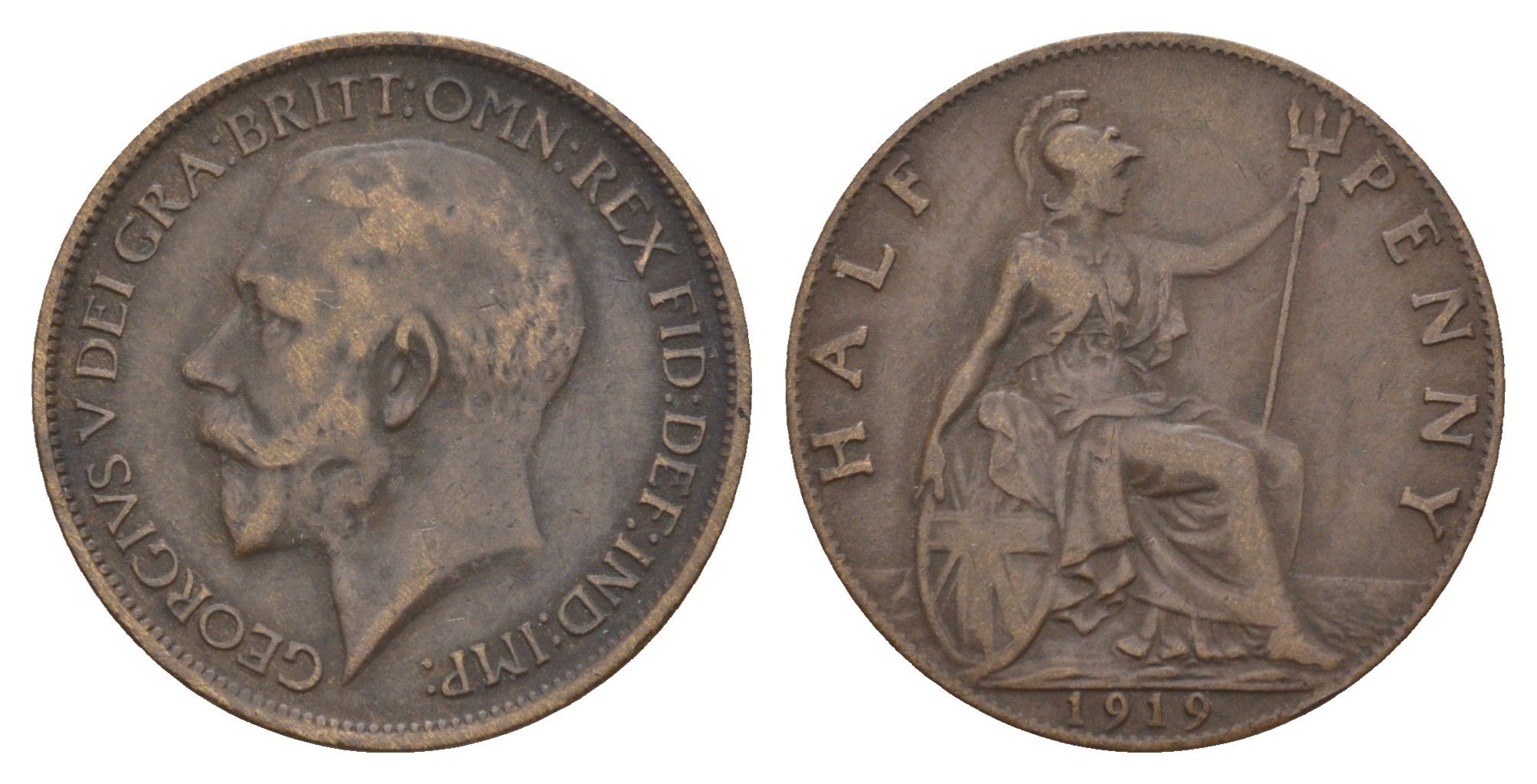 Великобритания 1/2 пенни 1919 Георг V (1910-1936) KM 809, Spink 4056 бронза 4657-627