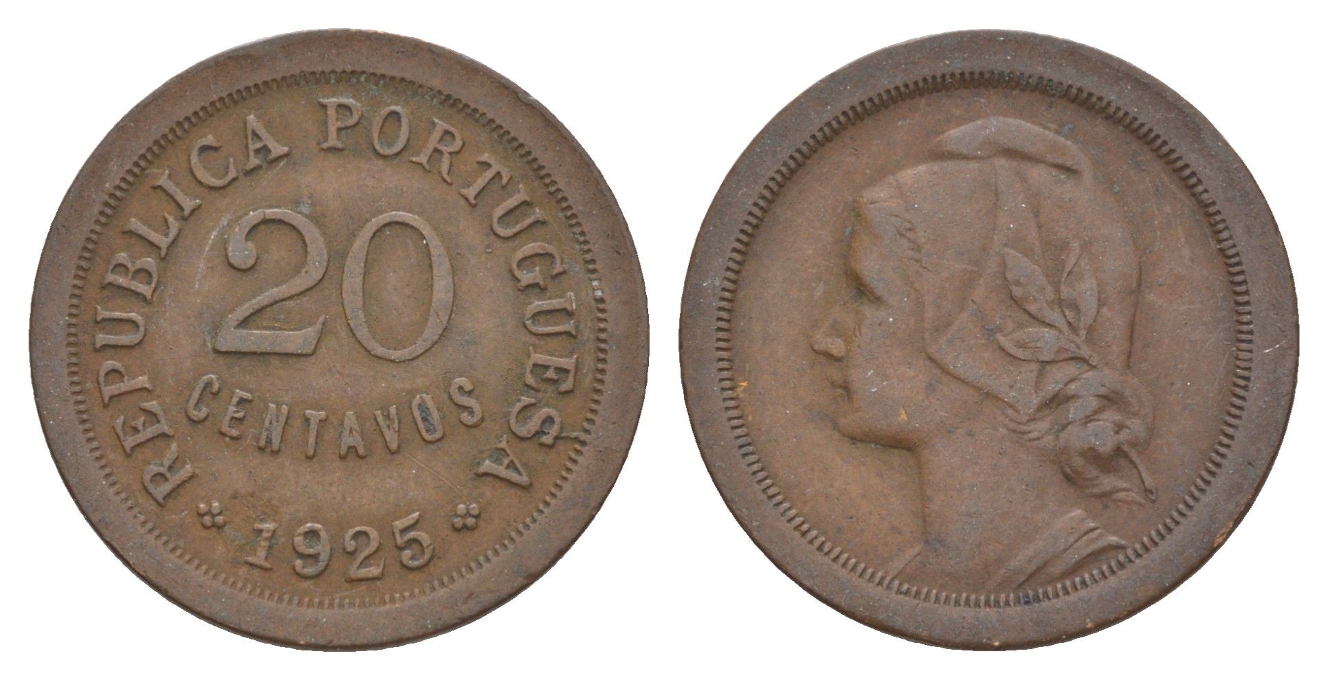 Португалия 20 сентаво 1925 KM 574 бронза 4654-245