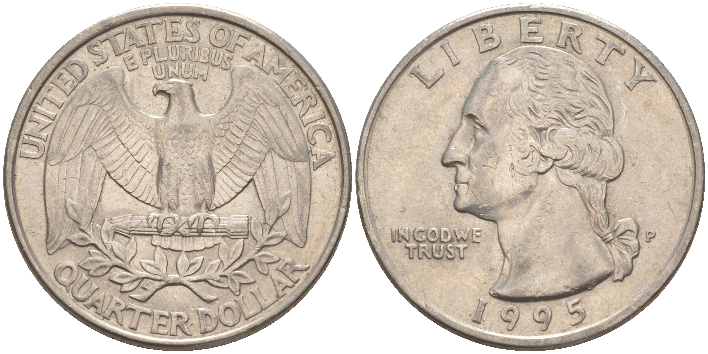 США 25 центов (квотер) 1995 Р, Вашингтон KM A164a медь плакированная медно-никелем 4114-936