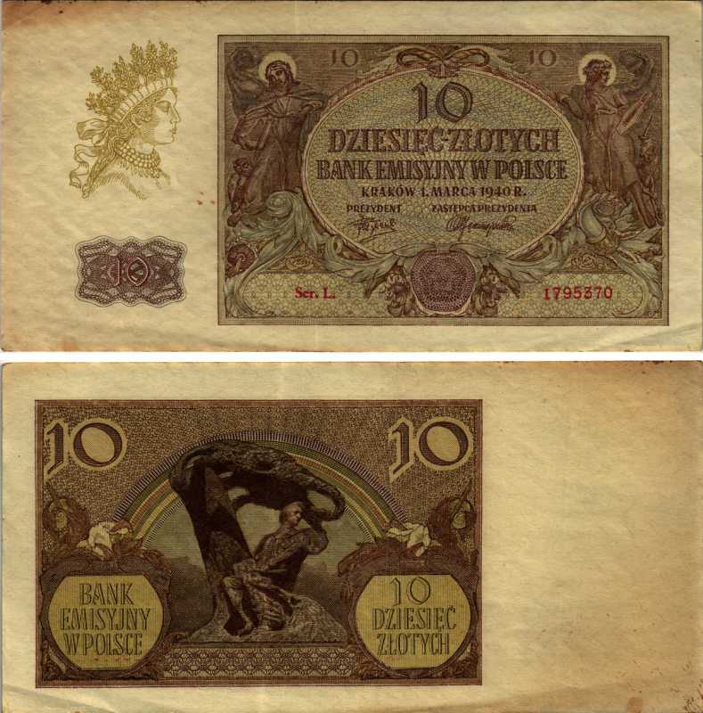 ПОЛЬША 10 ЗЛОТЫХ 1940 1 МАРТА 1940, ЭМИССИОННЫЙ БАНК В ПОЛЬШЕ (НЕМЕЦКАЯ ОККУПАЦИЯ, ВТОРАЯ МИРОВАЯ ВОЙНА) Pick 94 бумага XF 7487-51-1-2