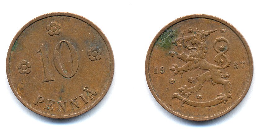 Финляндия 10 пенни 1937 KM 24 медь 51-5613
