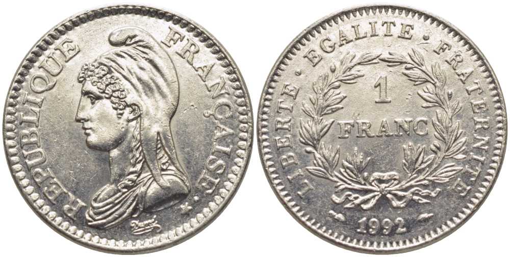 Франция 1 франк 1992 200 лет Французской республике KM 1004.1, Le Franc 229.2 никель 117-237