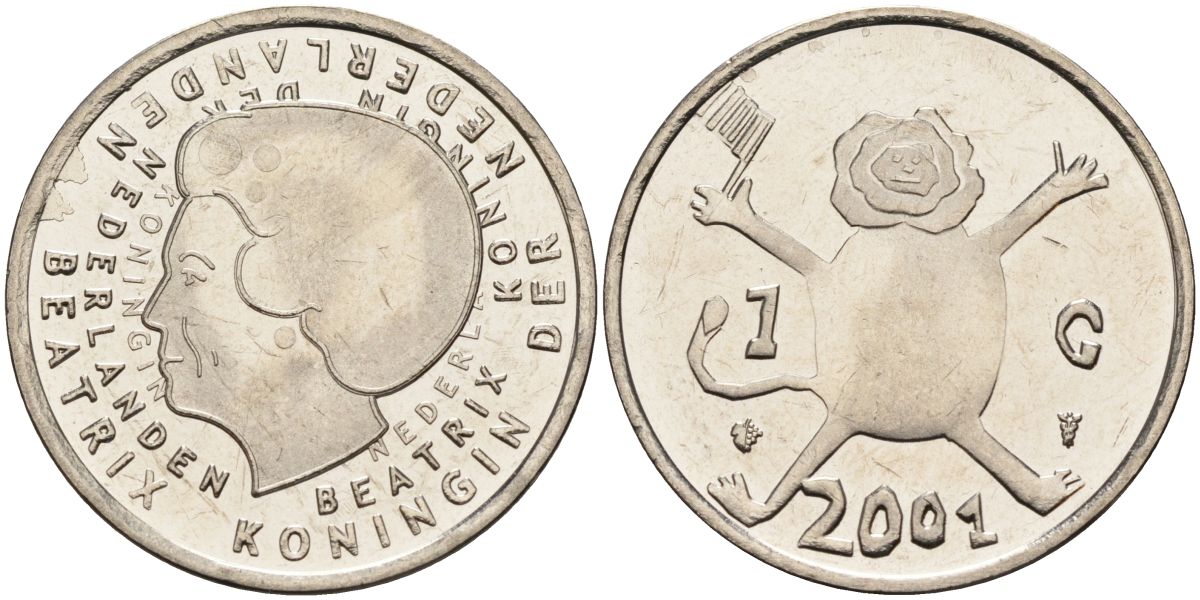 Нидерланды 1 гульден 2001 прощай гульден, детский рисунок, лев с флагом в руках KM 233 никель UNC 4116-116
