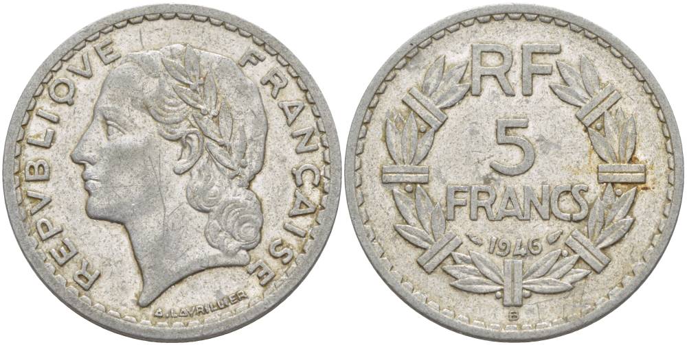 ФРАНЦИЯ 5 ФРАНКОВ 1946 В KM 888b.2 алюминий 4183-1216
