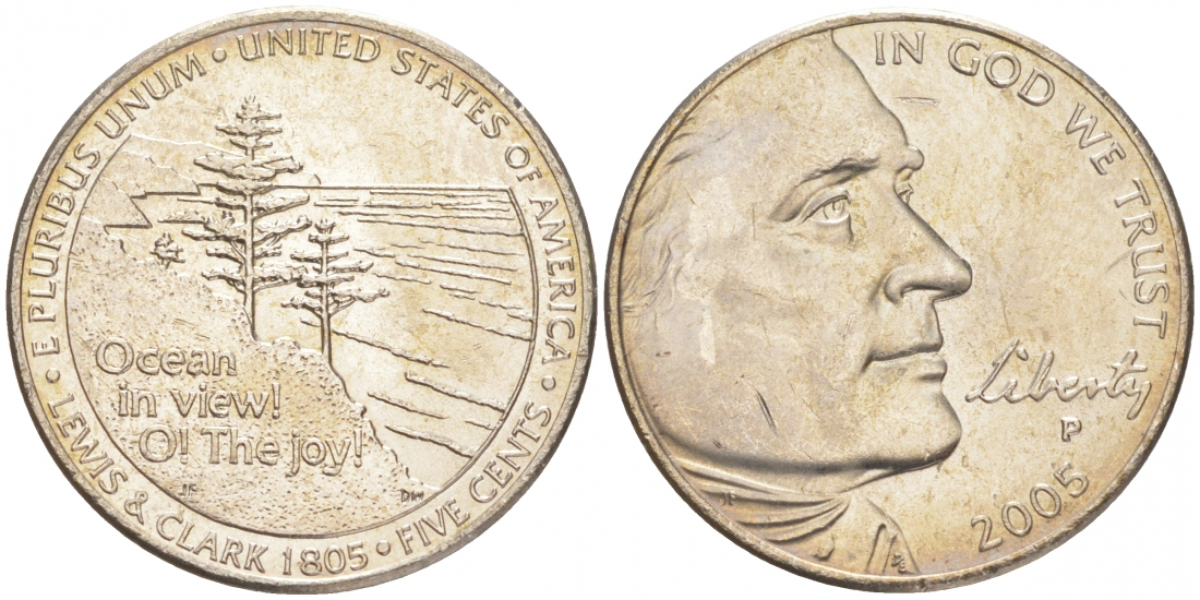 США 5 ЦЕНТОВ 2005 P, СЕРИЯ 200 ЛЕТ ЭКСПЕДИЦИИ ЛЬЮИСА И КЛАРКА - ВЫХОД К ОКЕАНУ, ИЗ РОЛЛА KM 369 медно-никель UNC M32-15