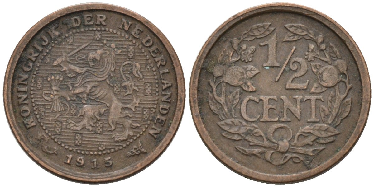 Нидерланды 1/2 цента 1915 Вильгельмина (1890-1948) KM 138 бронза 4576-359