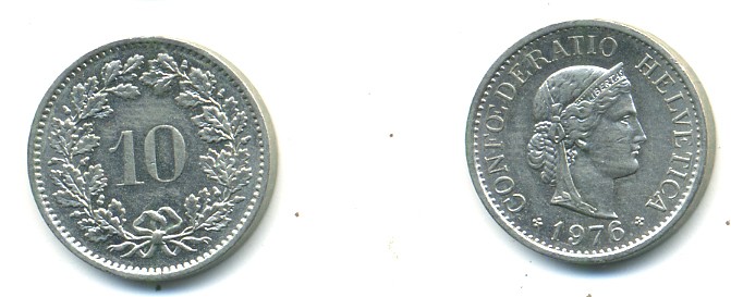 Швейцария 10 раппенов 1976 KM 27 медно-никель 4379-357