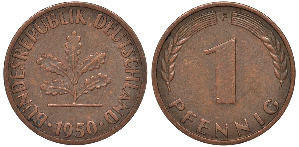ФРГ 1 пфенниг 1950 F KM 105 сталь плакированная медью 4164-123