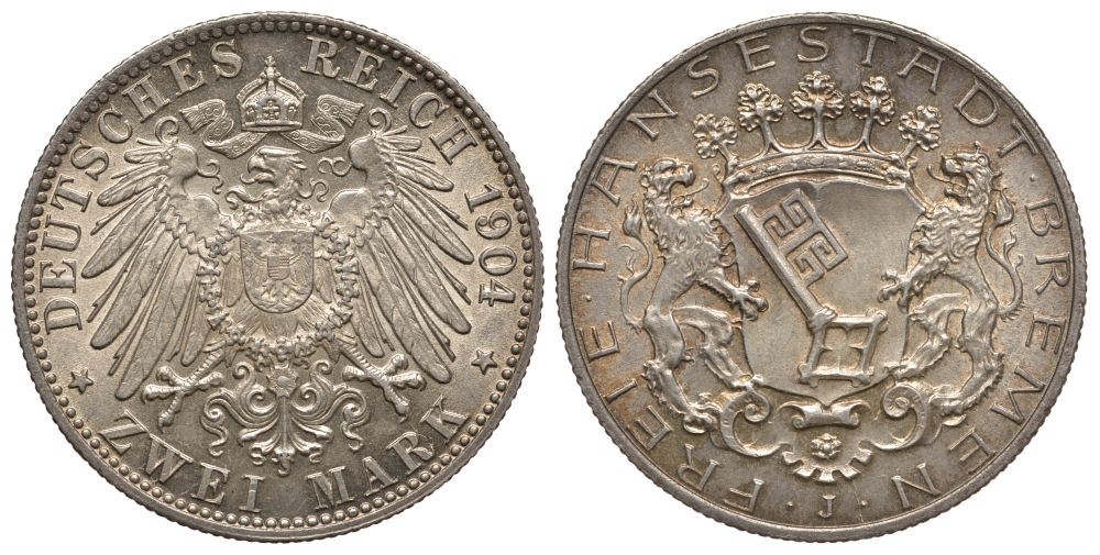Бремен 2 марки 1904 J, Weege 59, J. 59, KM 250 серебро UNC 00-811-59