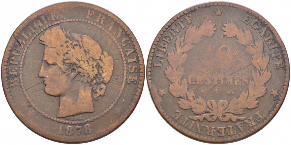 ФРАНЦИЯ 10 САНТИМОВ 1878 A, ТРЕТЬЯ РЕСПУБЛИКА (1871-1940) KM 815.1, LA FRANC 135.20 бронза 114-1222