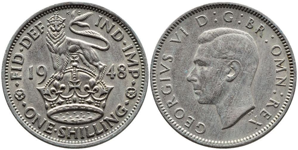 Великобритания 1 шиллинг 1948 Георг VI (1936-1952), Английский герб KM 863, Spink 4105 медно-никель 4393-312