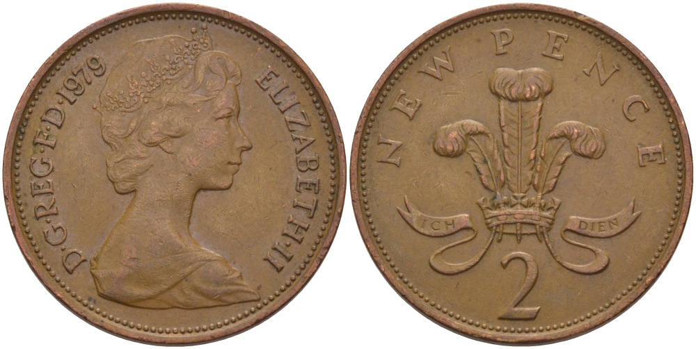Великобритания 2 пенса 1979 Елизавета II (1952-2022) KM 916, Spink 4235 (C1) бронза 28-311