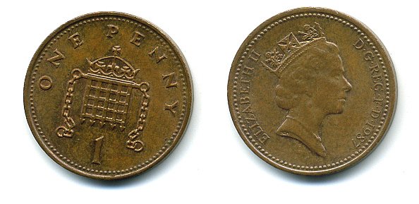 Великобритания 1 пенни 1987 Елизавета II (1952-2022) КМ 935, Spink 4381 (B3) бронза 4110-827