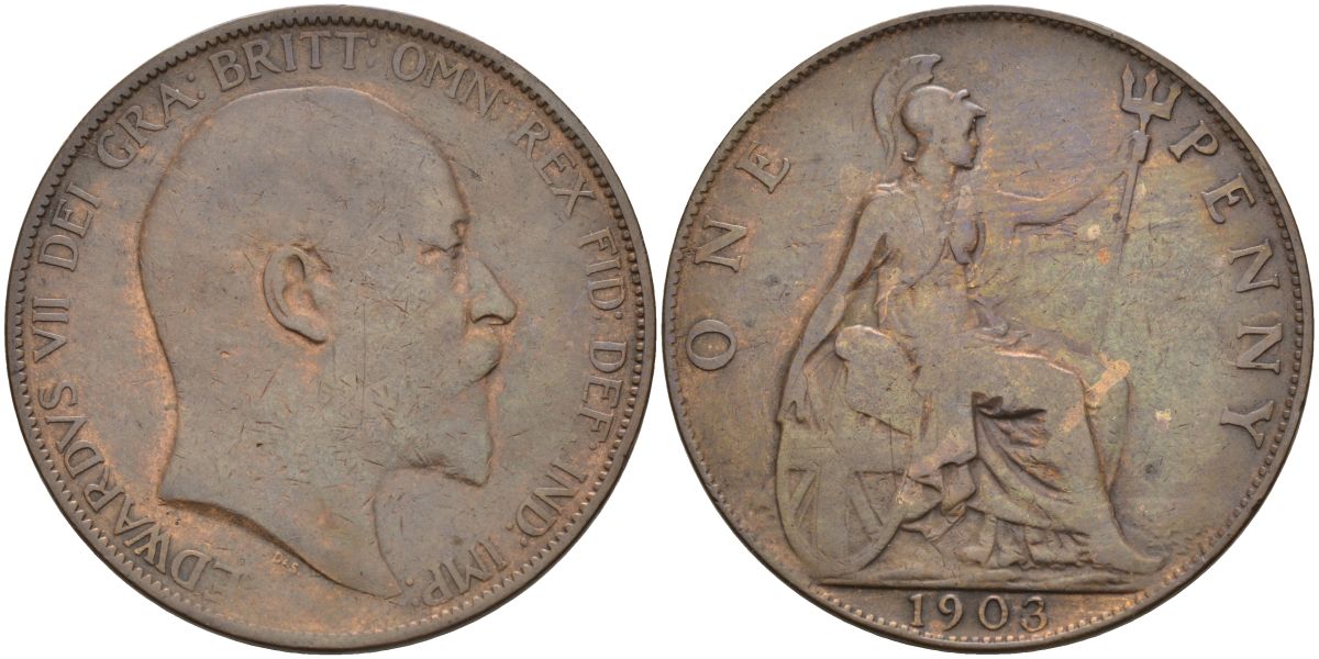 Великобритания 1 пенни 1903 Эдуард VII (1901-1910) KM 794.2, Sp 3990 бронза 4149-641