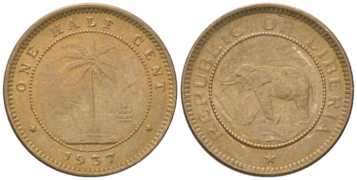 Либерия 1/2 цента 1937 KM 10 латунь aUNC 4594-467