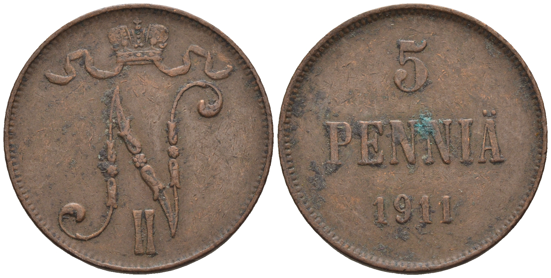 Россия для Финляндии 5 пенни 1911 Николай II (1894-1917) KM 15, Биткин 451 медь 85-311