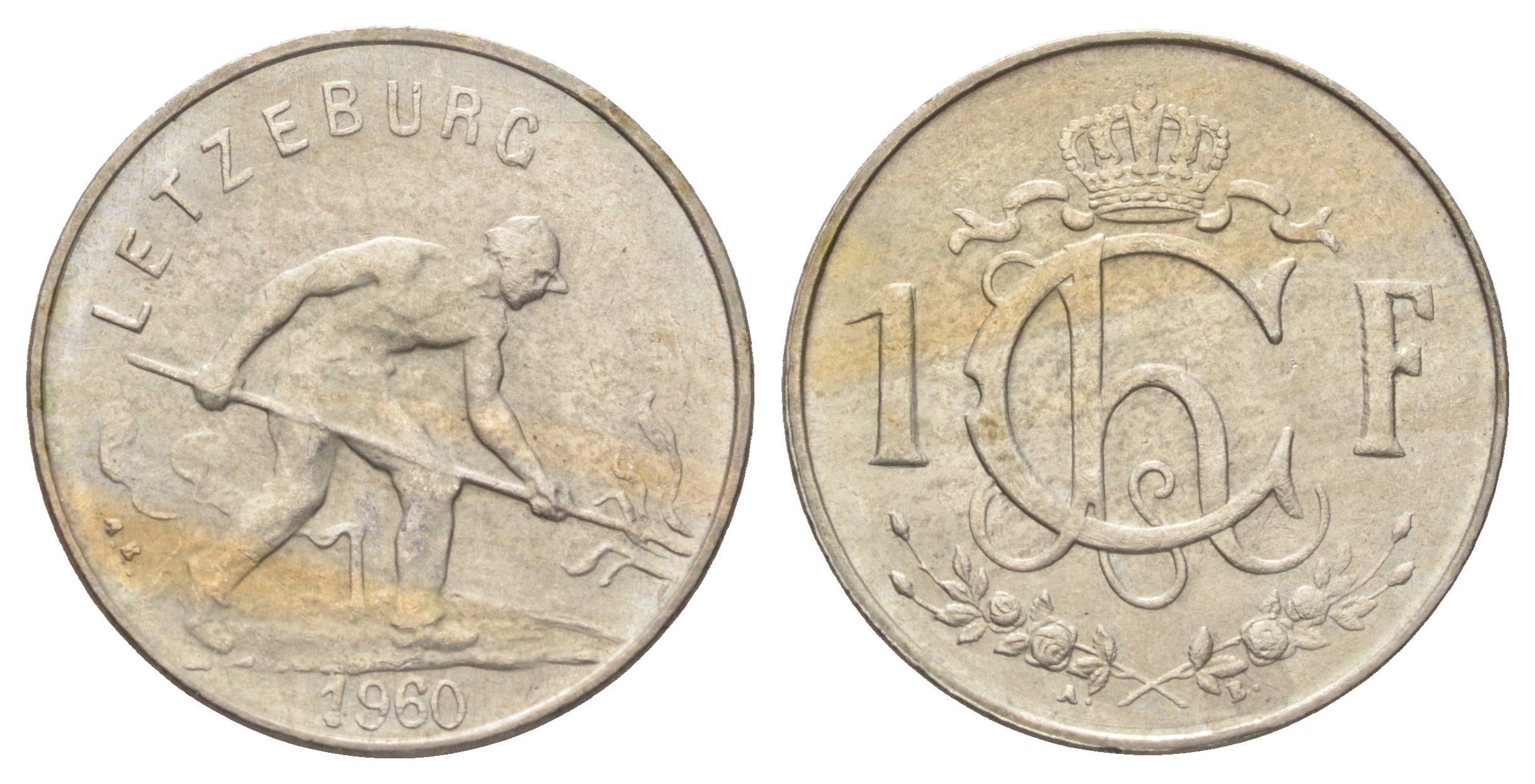 Люксембург 1 франк 1960 Шарлотта, сталевар (1919-1964) KM 46.2 медно-никель 4668-1132