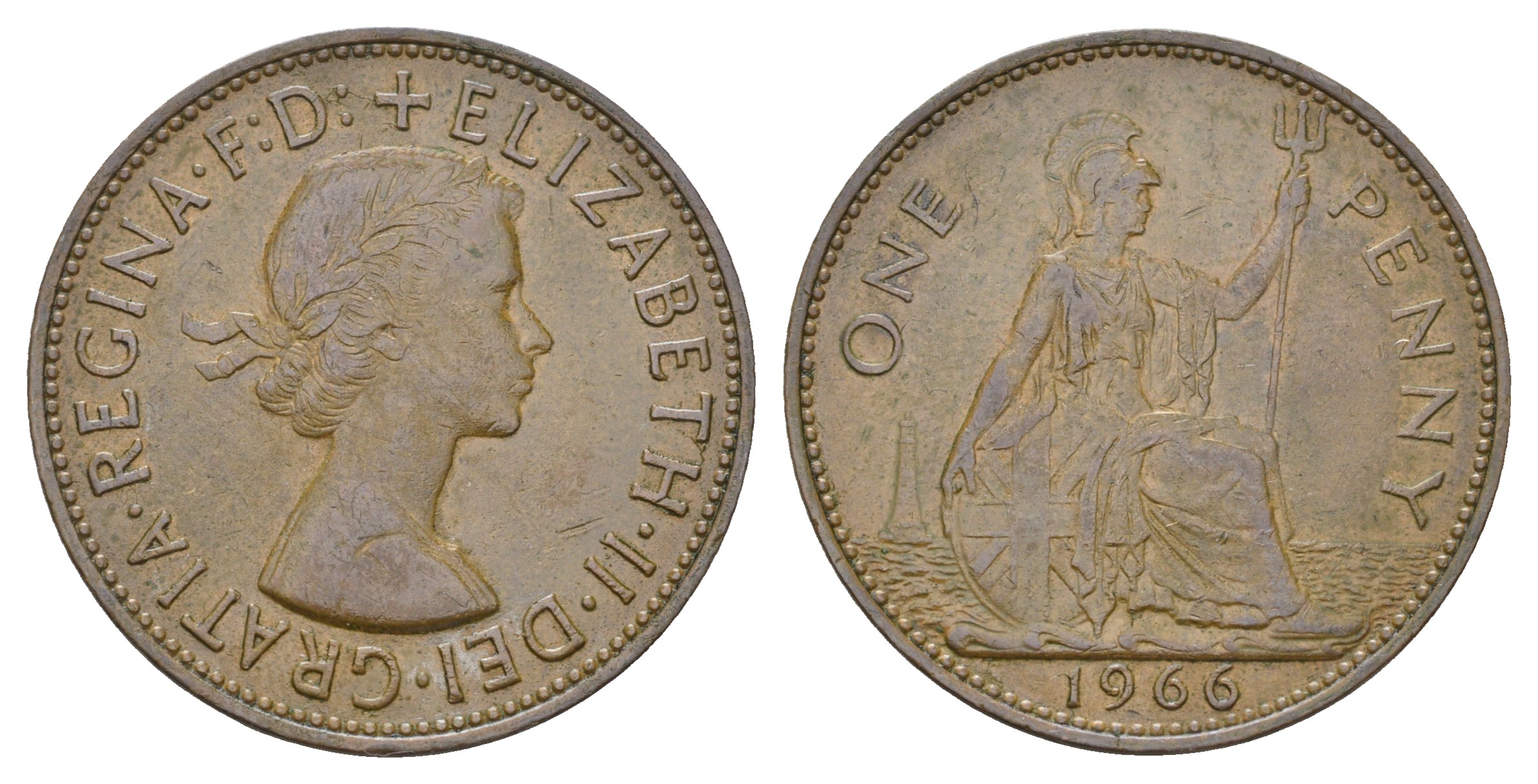 Великобритания 1 пенни 1966 Елизавета II (1952-2022) KM 897, Spink 4157 бронза 4680-714