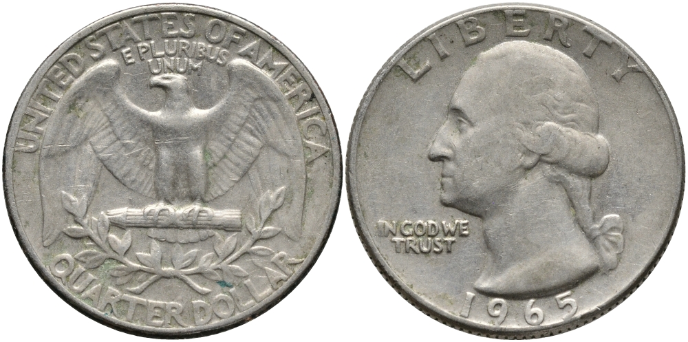 США 25 центов (квотер) 1965 Вашингтон KM 164a медь плакированная медно-никелем 4390-916