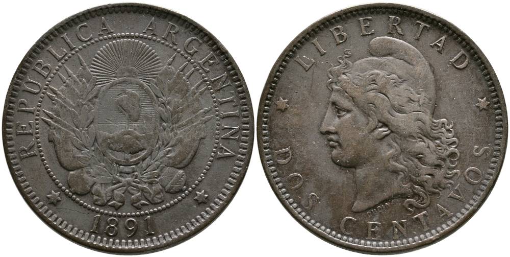 Аргентина 2 сентаво 1891 голова свободы влево KM 8 бронза 4531-1016