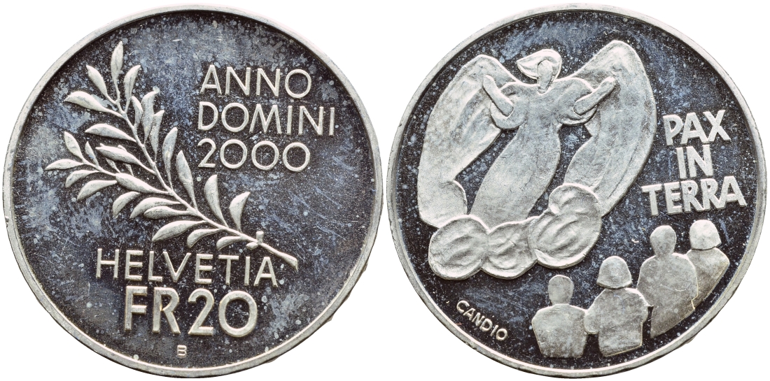 Швейцария 20 франков 2000 В, год мира и согласия KM 90 серебро PROOF 1524-735