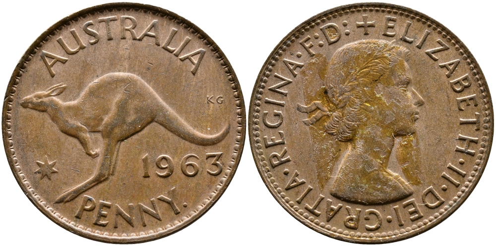 АВСТРАЛИЯ 1 ПЕННИ 1963 p, ЕЛИЗАВЕТА II (1953-), КЕНГУРУI KM 56 бронза 25-512