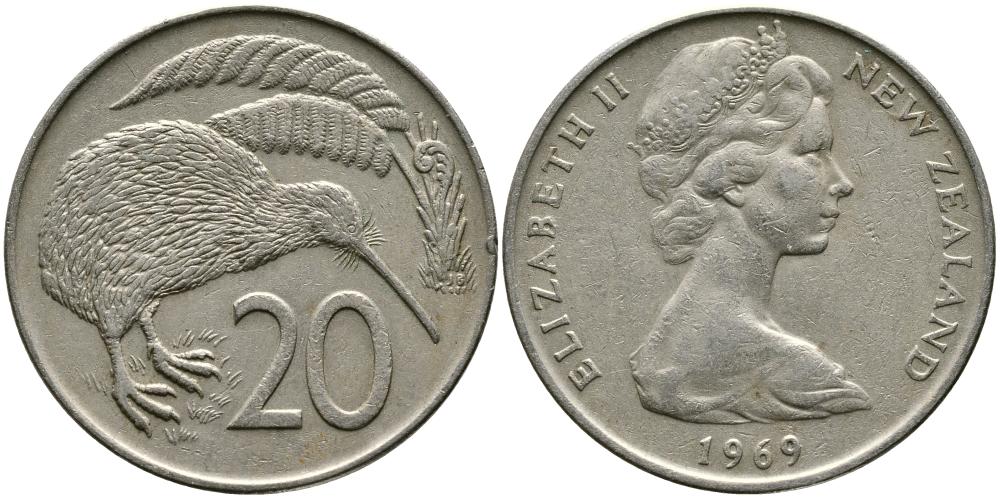 Новая Зеландия 20 центов 1969 Елизавета II (1952-2022), птичка киви KM 36.1 медно-никель 111-346